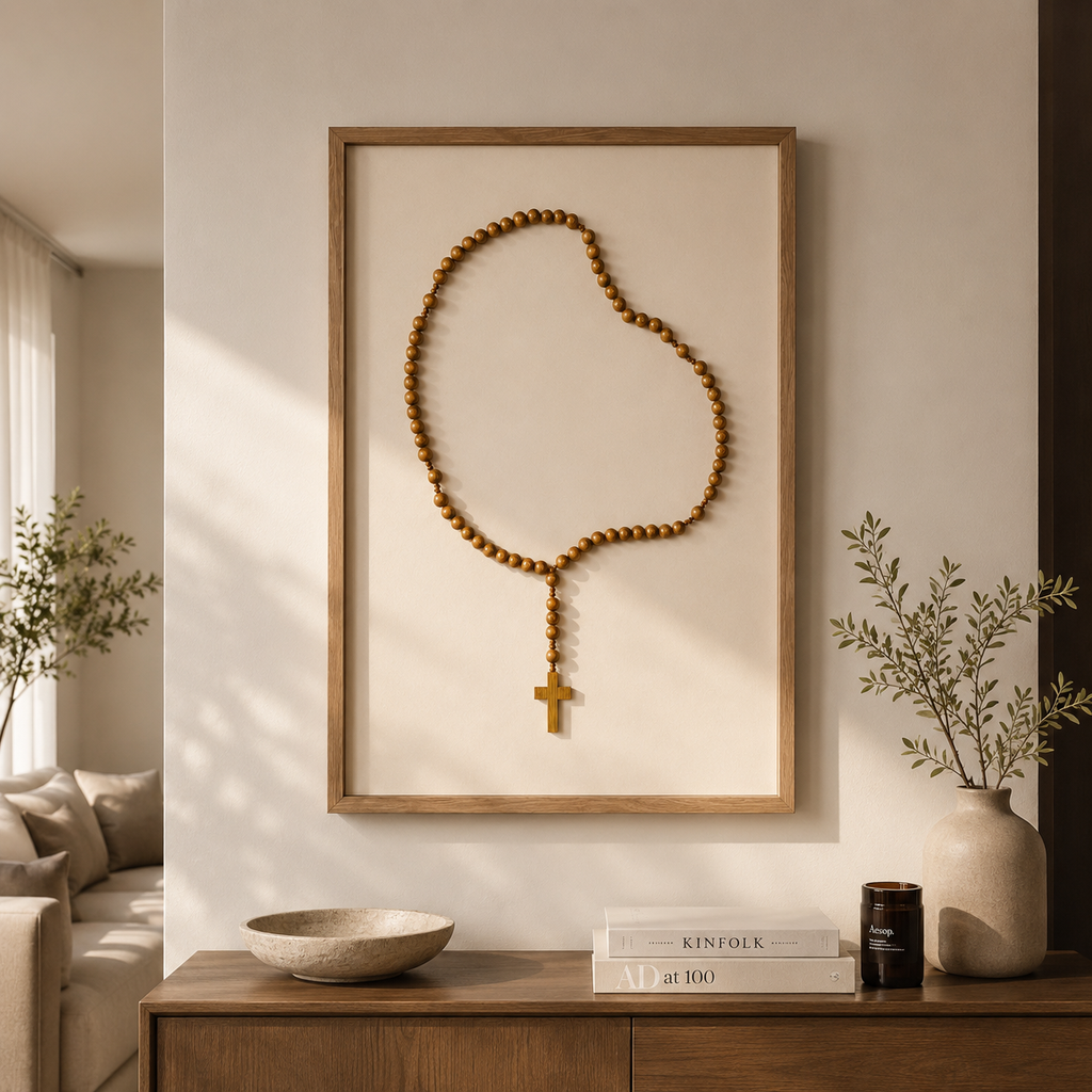 Quadro decorativo terço de madeira com moldura