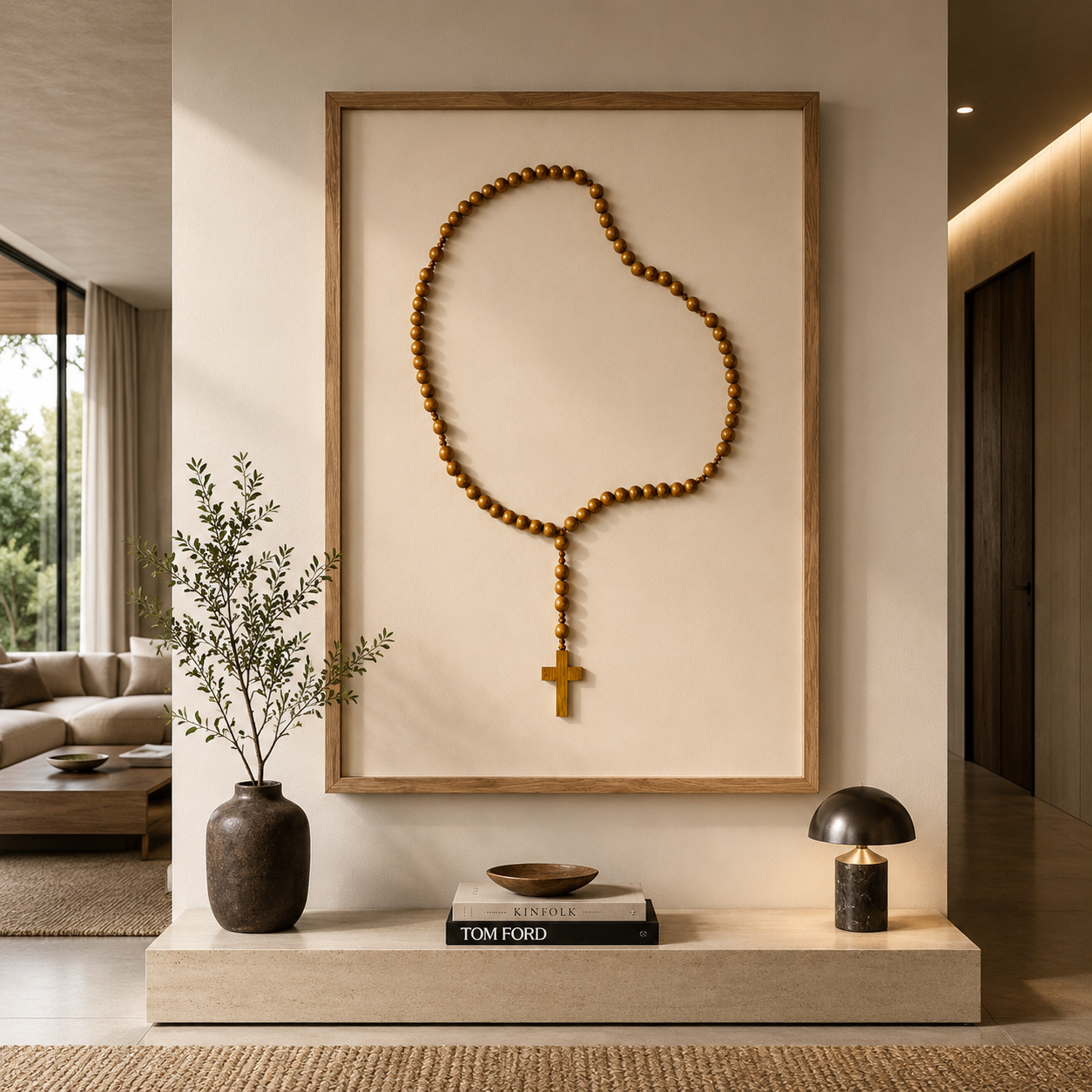 Quadro decorativo terço de madeira com moldura